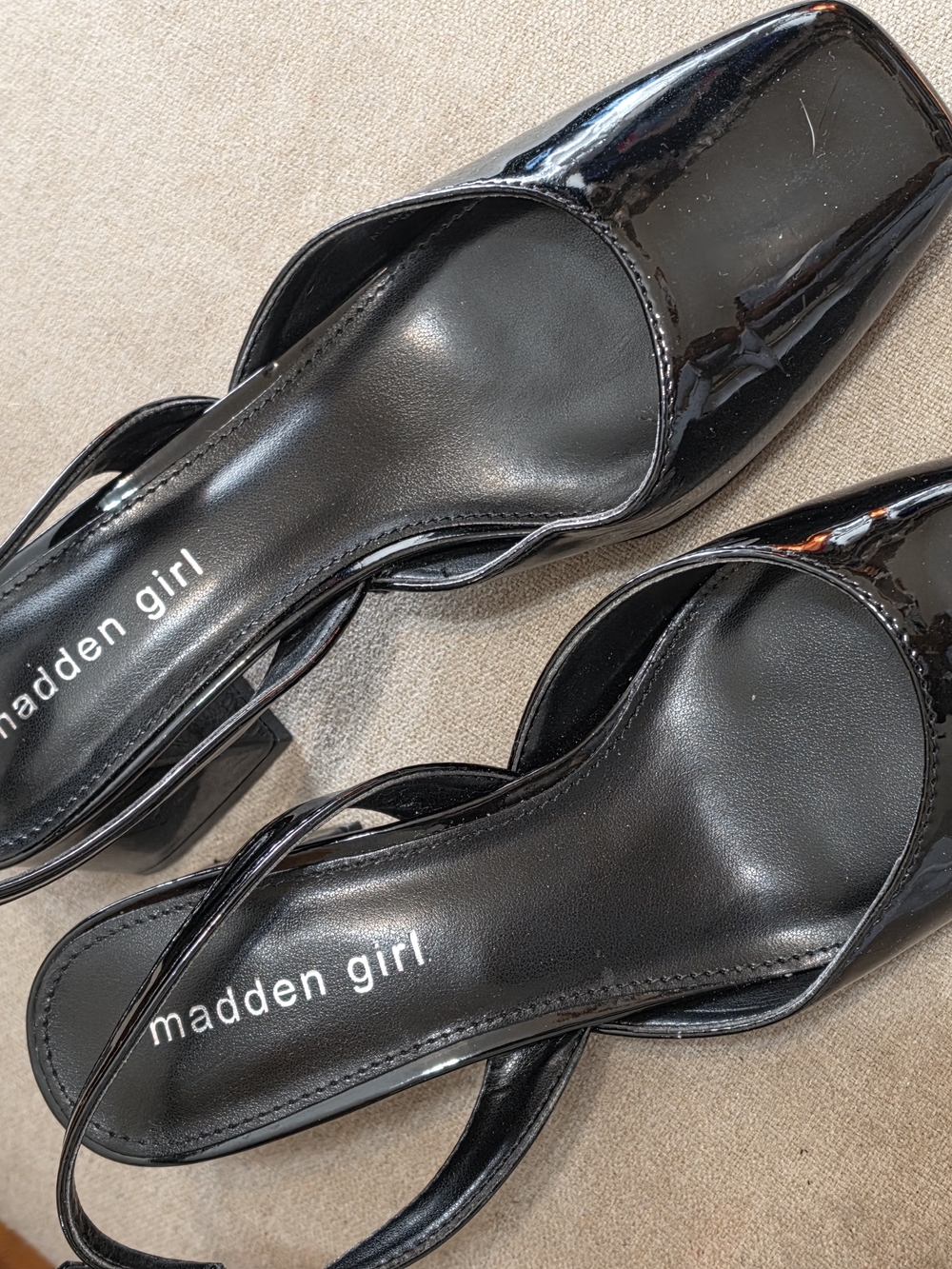 Madden Girl Glossy Black Patent Square Toe Slingback Mules